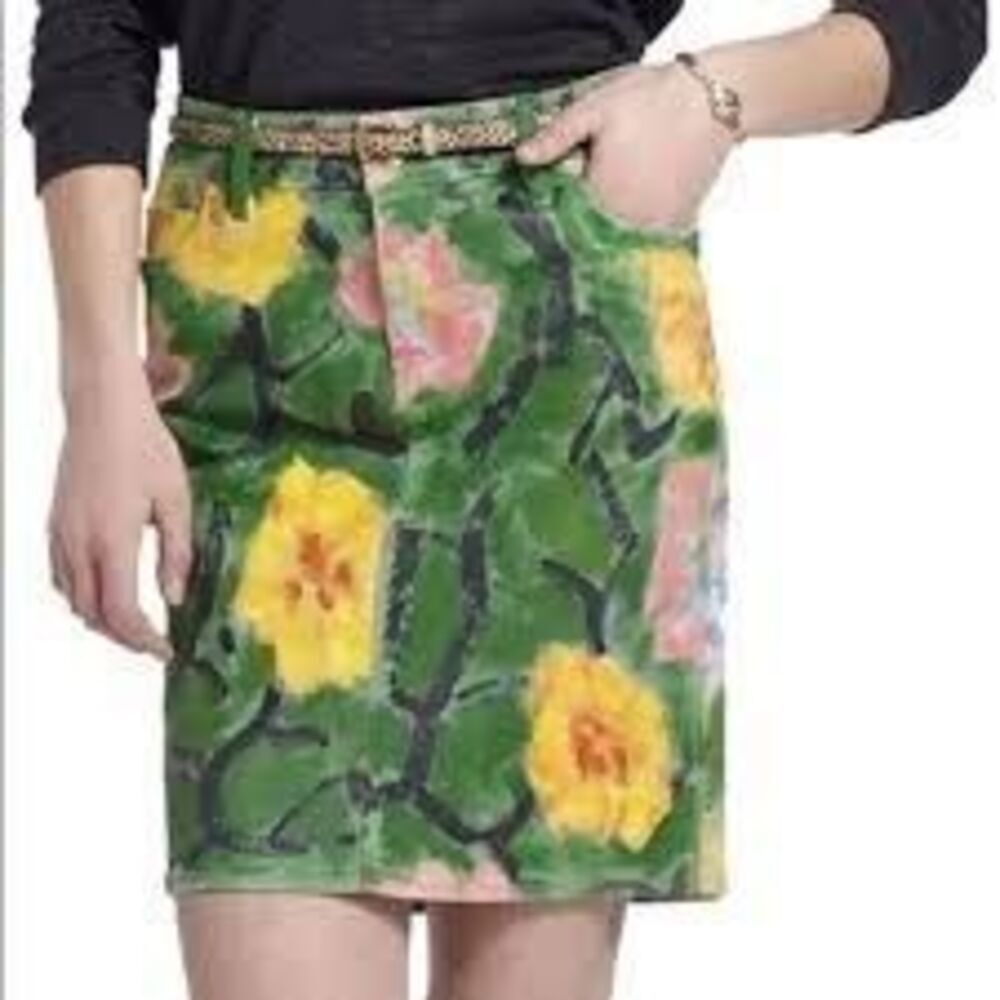 Anthropologie Floral Print Denim Mini Skirt Size 28 Green Pink Artistic Stretch